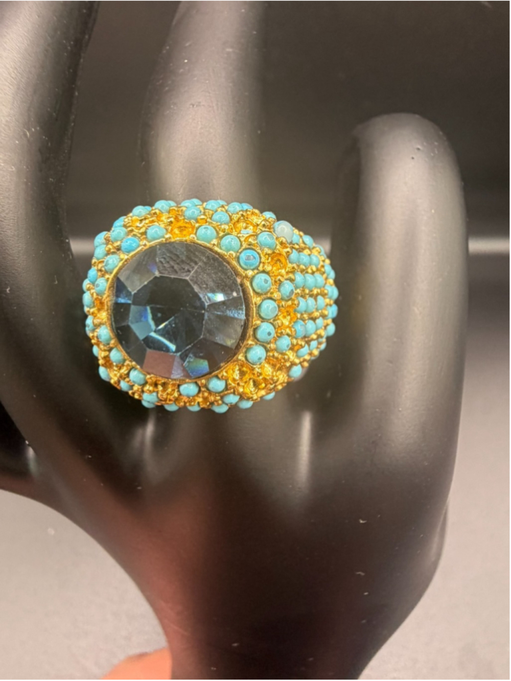 Kenneth Lane Blue Crystal Turquoise Color Bead Cocktail Ring Missing Beads